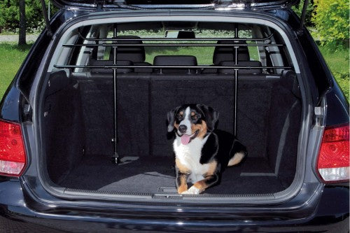 Trixie Car Dog Guard Angled in black steel, adjustable for pet safety during car rides without sacrificing cargo space.