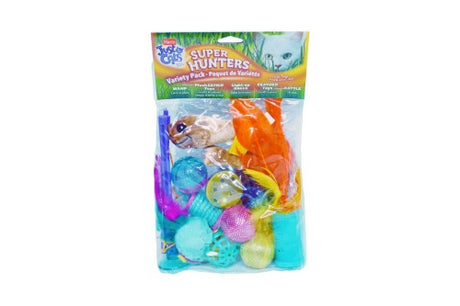 Interactive cat toy set with wand, plush fish, LED balls, assorted balls, mouse, and feather roller for engaging play.