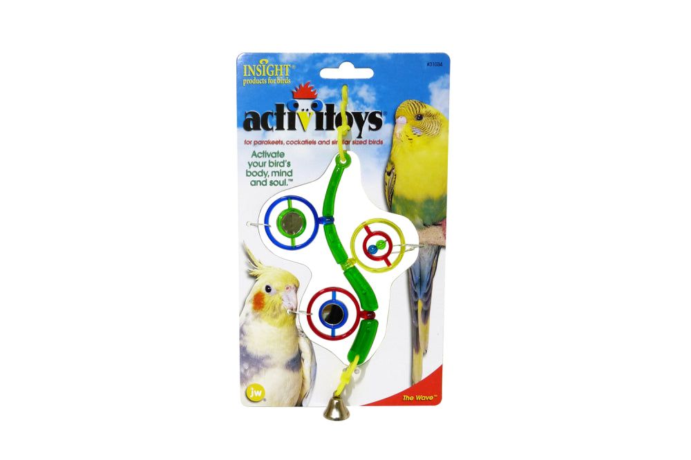 Colorful JW ActiviToy The Wave 3 bird toy with swings, beads, and textures for stimulating play and exercise for medium birds.