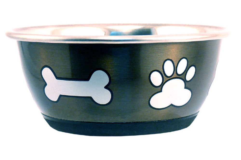 Stylish metallic grey stainless steel dog bowl with anti-skid bottom and 500mL capacity, perfect for food and water.