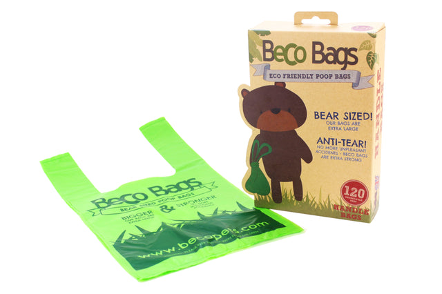 Eco-friendly BecoBags with handle, 120pk, extra-thick and biodegradable dog waste bags for responsible pet ownership.