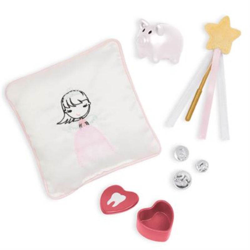 Our Generation Tooth Fairy Set for dolls includes a pillow, tooth box, and star wand for magical storytelling adventures.