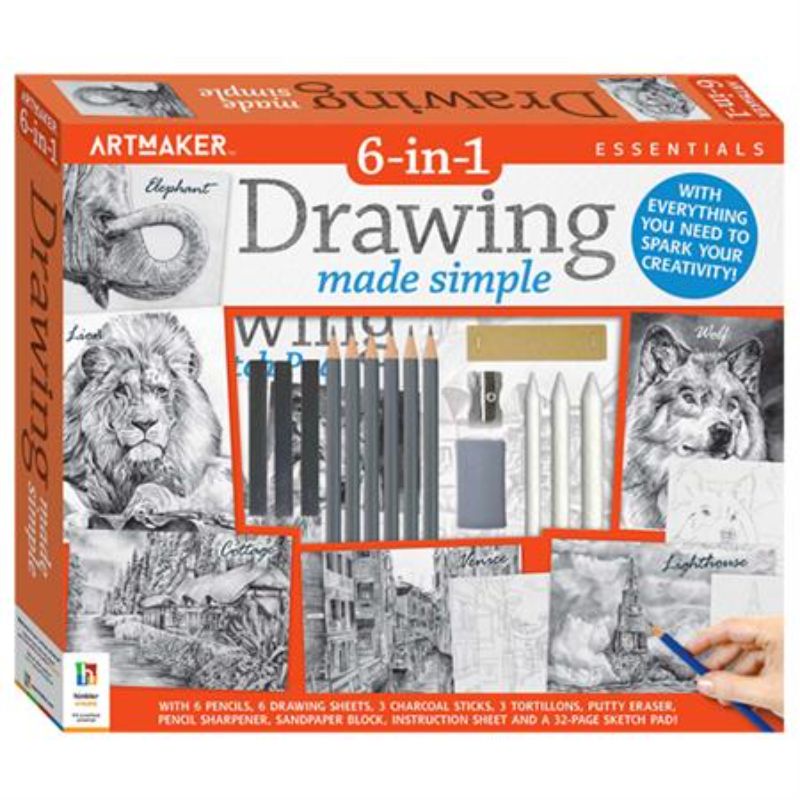 6 in 1 Drawing Kit featuring graphite pencils, charcoal pencil, sketch panel, and blending tools for all skill levels.