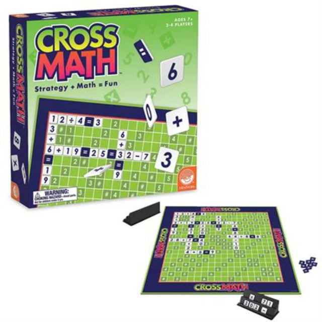 Engaging CrossMath game for ages 7+, featuring a colorful board, 120 tiles, and strategic math gameplay for 2 to 4 players.