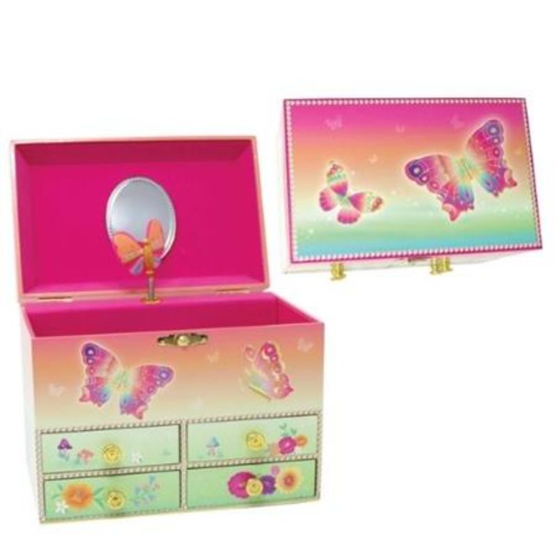 Colorful musical jewellery box with butterfly design, twirling unicorn, and four drawers for storage; plays 'Waltz of the Flowers'.