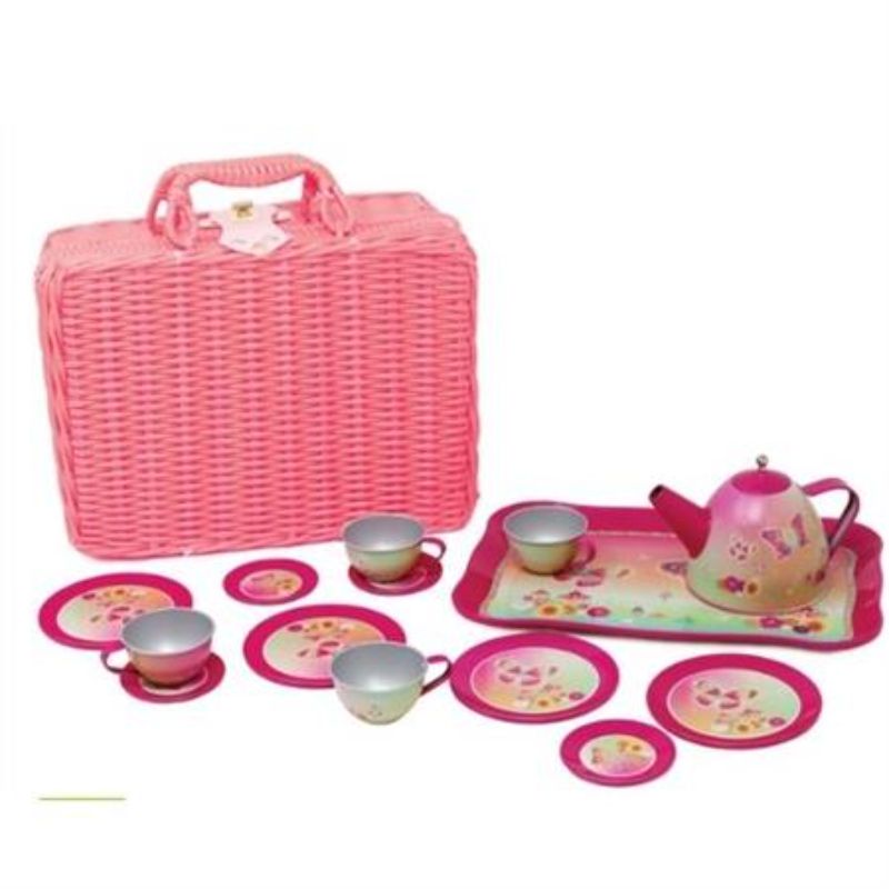 Colorful PP Rainbow Butterfly tea set in a pink faux rattan basket, featuring 15 lightweight, food-safe tin pieces for kids' imaginative play.