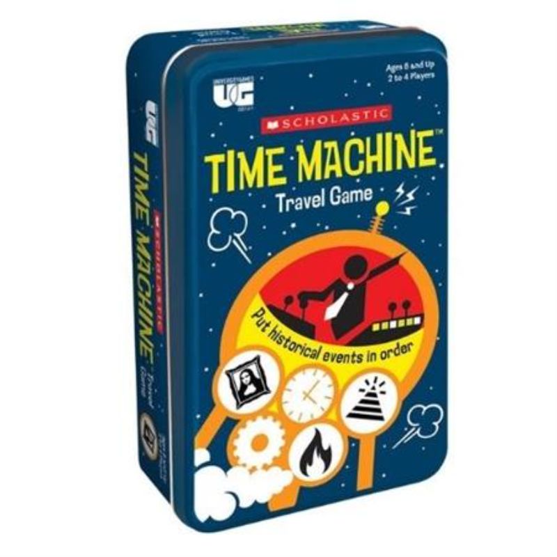 Colorful board game 'UG Time Machine' for kids, featuring event cards to arrange in chronological order for family fun.