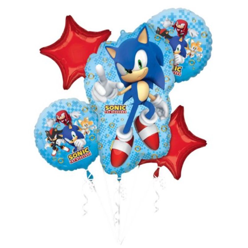 Colorful Sonic the Hedgehog balloon bouquet with 1 shaped and 4 standard balloons, perfect for themed parties and celebrations.