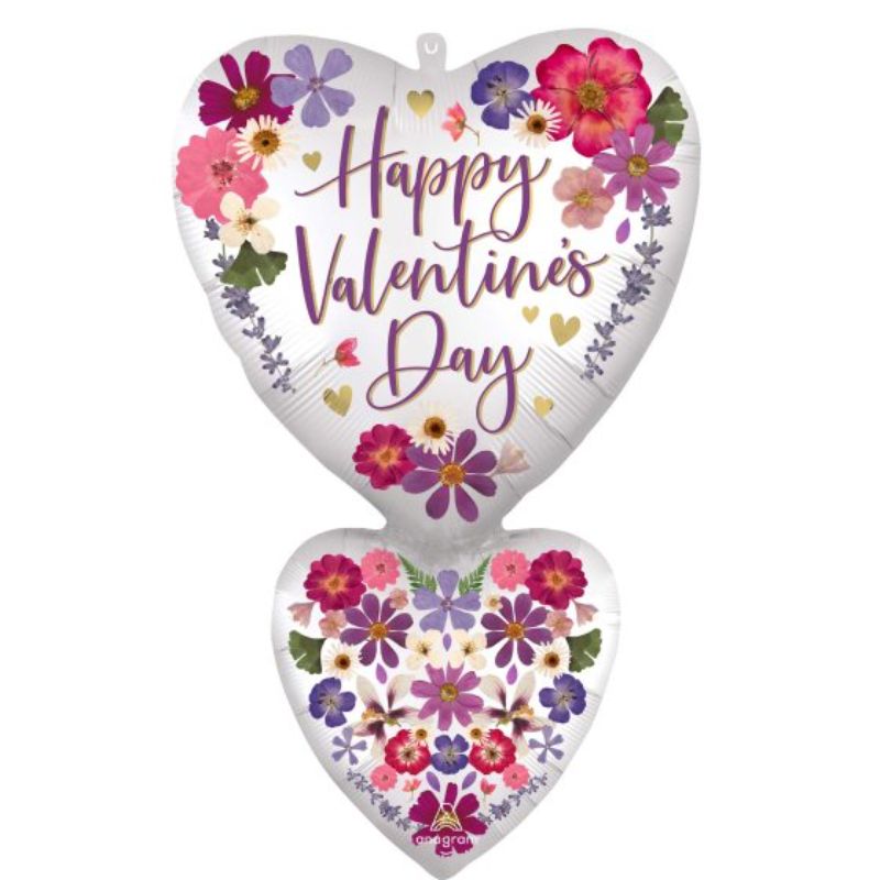 SuperShape foil balloon with pressed flower designs, perfect for Valentine's Day celebrations, measuring 50cm x 78cm.