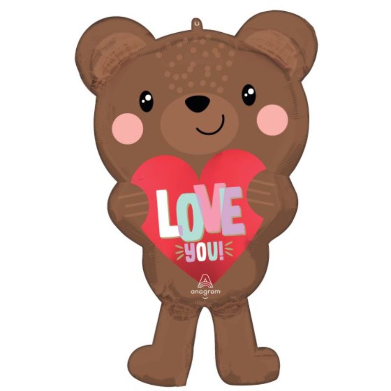 Self-sealing foil balloon featuring a charming smiling brown bear, perfect for expressing love at celebrations.