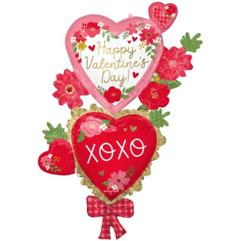 Giant floral Valentine's Day balloon with "XOXO" messages, measuring 88cm x 149cm; perfect for romantic celebrations.