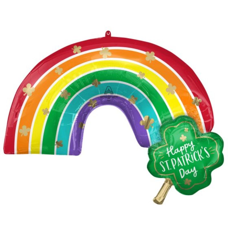 Vibrant St. Patrick's Day balloon featuring rainbows and shamrocks, perfect for festive parties and gatherings, 83cm x 58cm.