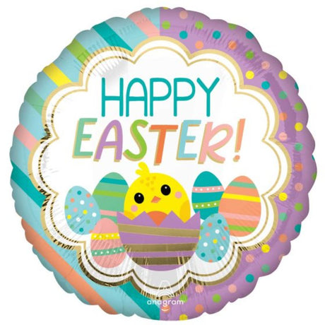 Vibrant 45cm Happy Easter balloon featuring a cheerful chick design with stripes and dots, ideal for festive celebrations.