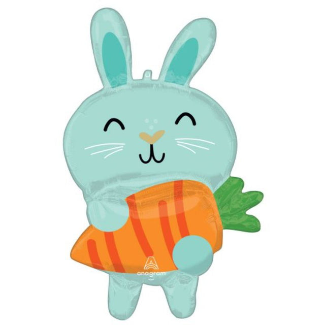 SuperShape XL foil balloon featuring a whimsical Minty Bunny and vibrant carrots, perfect for Easter and festive celebrations.