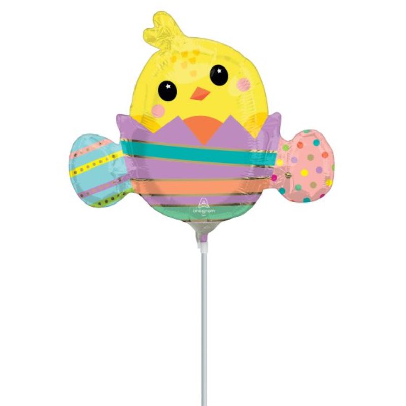 Adorable Mini Chicky balloon peeking from a vibrant striped egg, perfect for festive celebrations and parties.