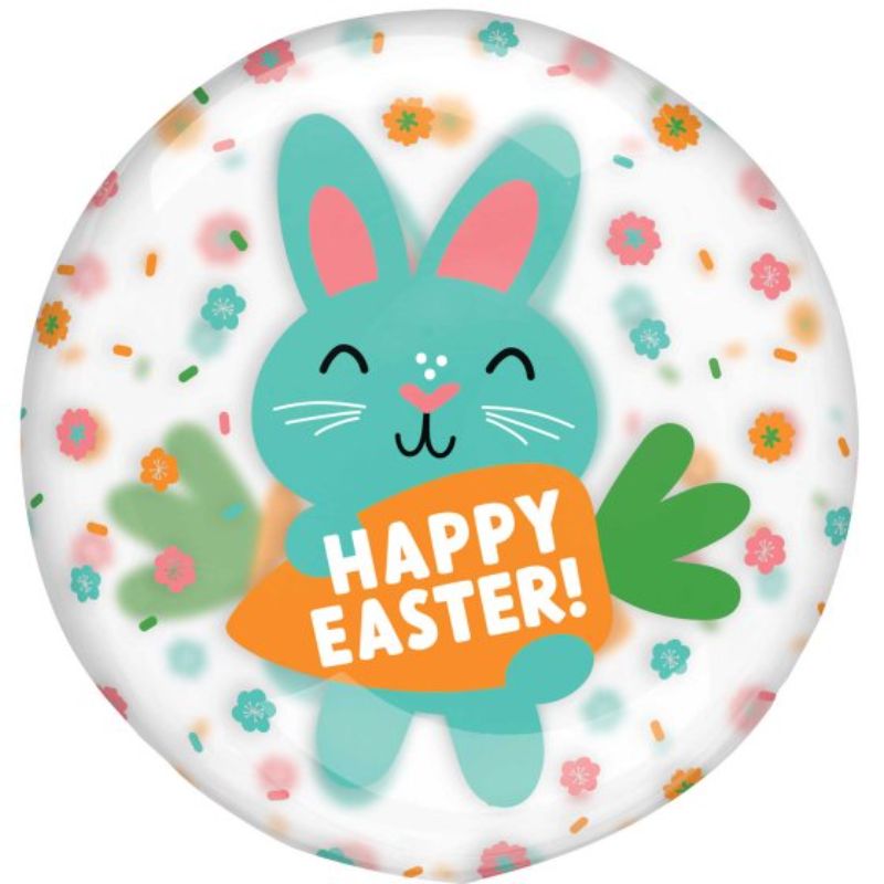 Printed clear balloon featuring cute bunny designs, inflates to 45-50cm for festive Easter celebrations.