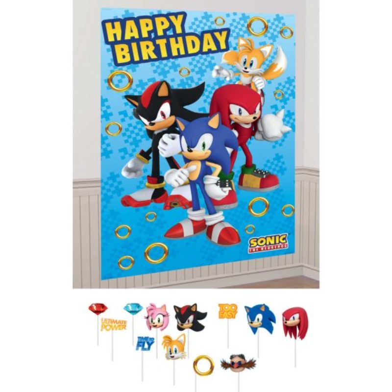 Sonic the Hedgehog party decor set featuring 4 large backdrops and 12 colorful props for a vibrant celebration.