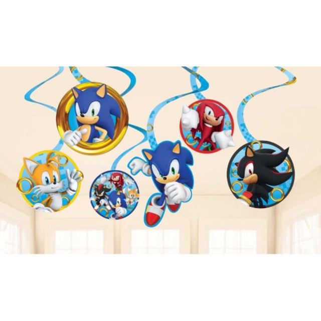 Colorful Sonic the Hedgehog spiral swirls hanging decorations, pack of 12, perfect for themed parties and celebrations.