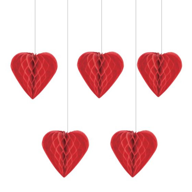 "Pack of 5 heart-shaped honeycomb decorations, 20cm, perfect for vibrant party decor and celebrations."