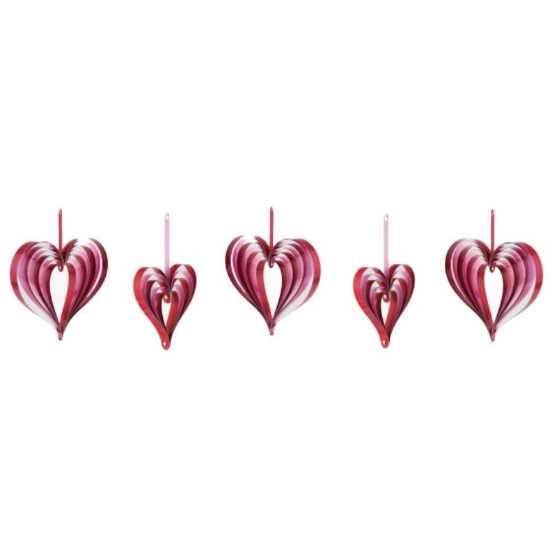 Pack of 5 red and pink heart-shaped hanging decorations, perfect for romantic occasions and festive decor enhancements.