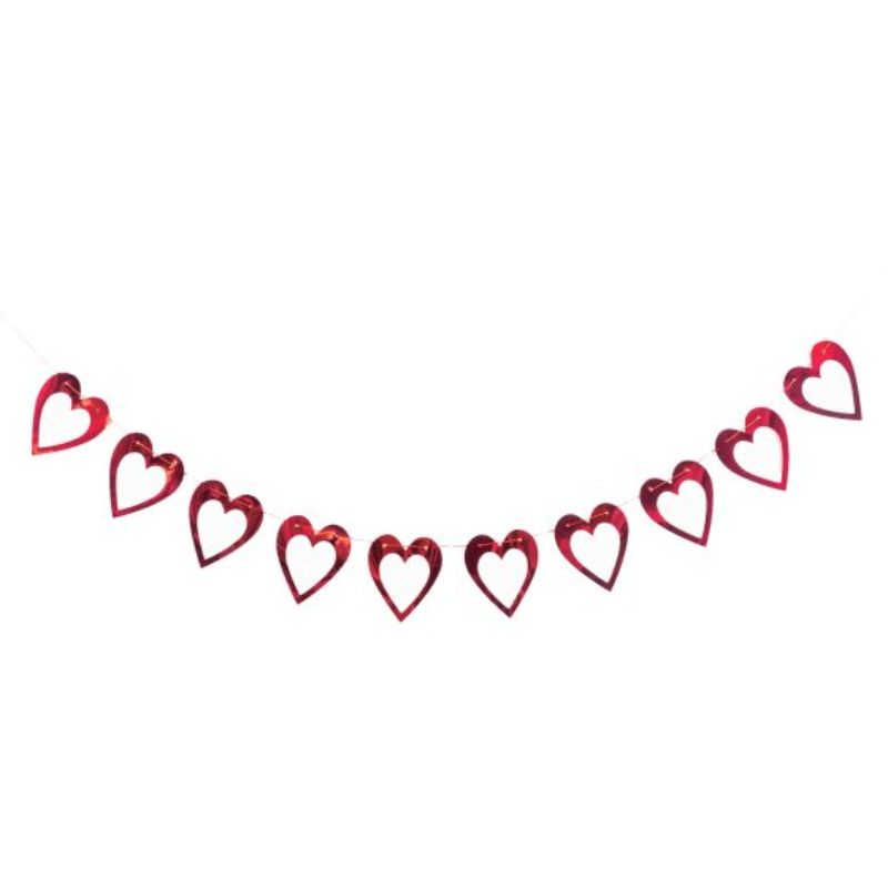 Colorful hearts foil garland, 2m long, adding charm to celebrations like weddings and parties with a shimmering gold touch.