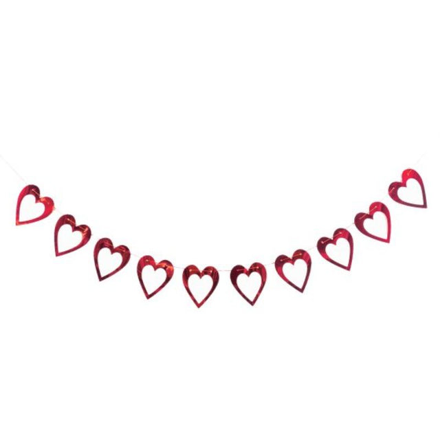 Colorful hearts foil garland, 2m long, adding charm to celebrations like weddings and parties with a shimmering gold touch.