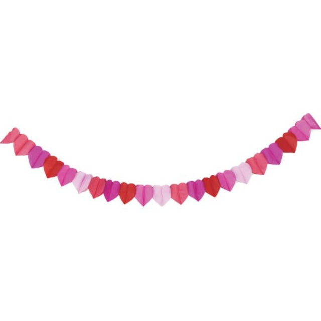 Multi-coloured hearts tissue paper banner, 17cm x 3m, perfect for festive celebrations and easy to hang indoors or outdoors.