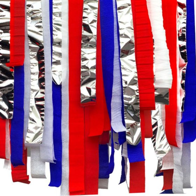 Patriotic Streamer Kit in red, white, and blue, featuring 6 vibrant 10m crepe and foil streamers for festive occasions.