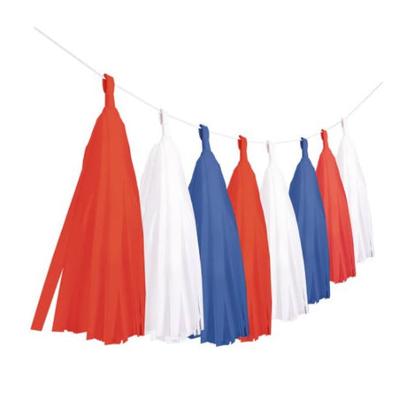 Patriotic tassel garland featuring red, white, and blue colors, 6m long with 12 vibrant tassels for festive decor.