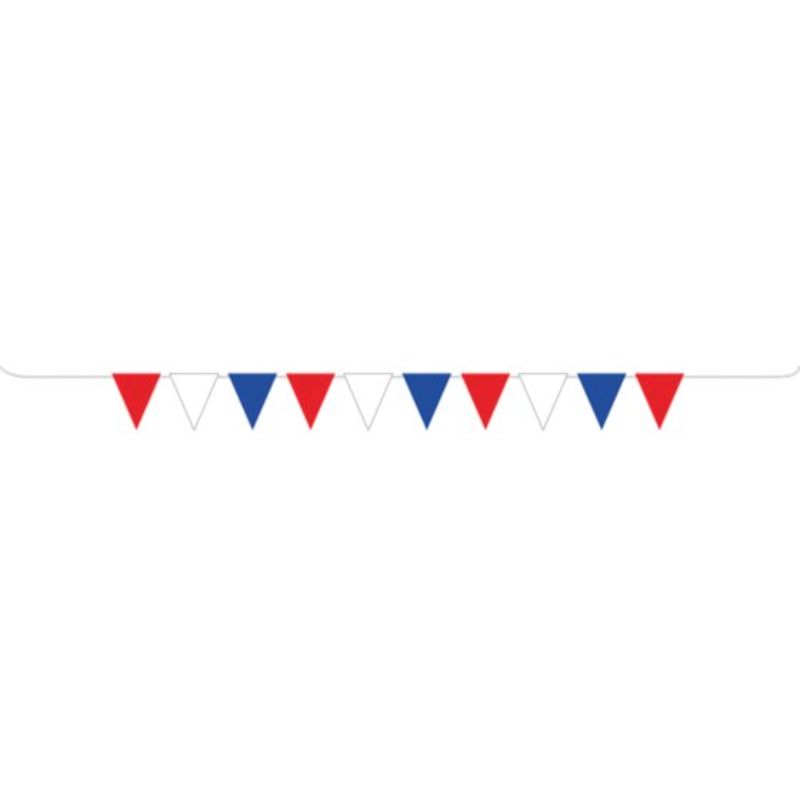 Vibrant 5m Patriotic Pennant Banner in Red, White & Blue for festive celebrations, made from durable, weather-resistant plastic.