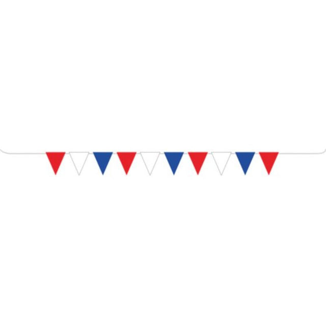 Vibrant 5m Patriotic Pennant Banner in Red, White & Blue for festive celebrations, made from durable, weather-resistant plastic.