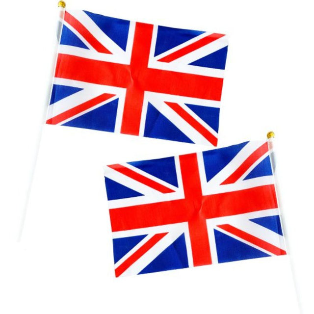 Vibrant pack of 6 Patriotic British Waving Flags, perfect for celebrations, parades, and events, measuring 15cm x 22cm.