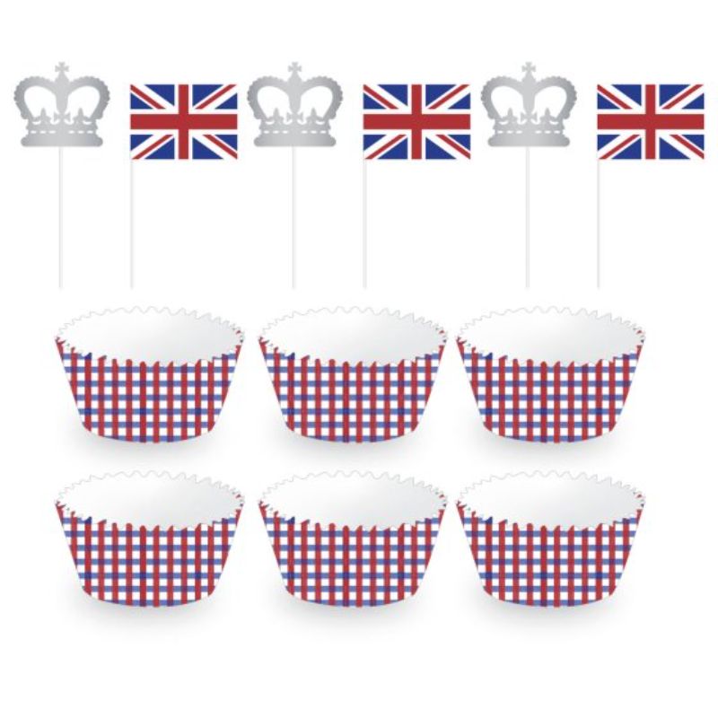 Vibrant Patriotic British cupcake cases and picks, perfect for UK-themed events and celebrations, pack of 24.