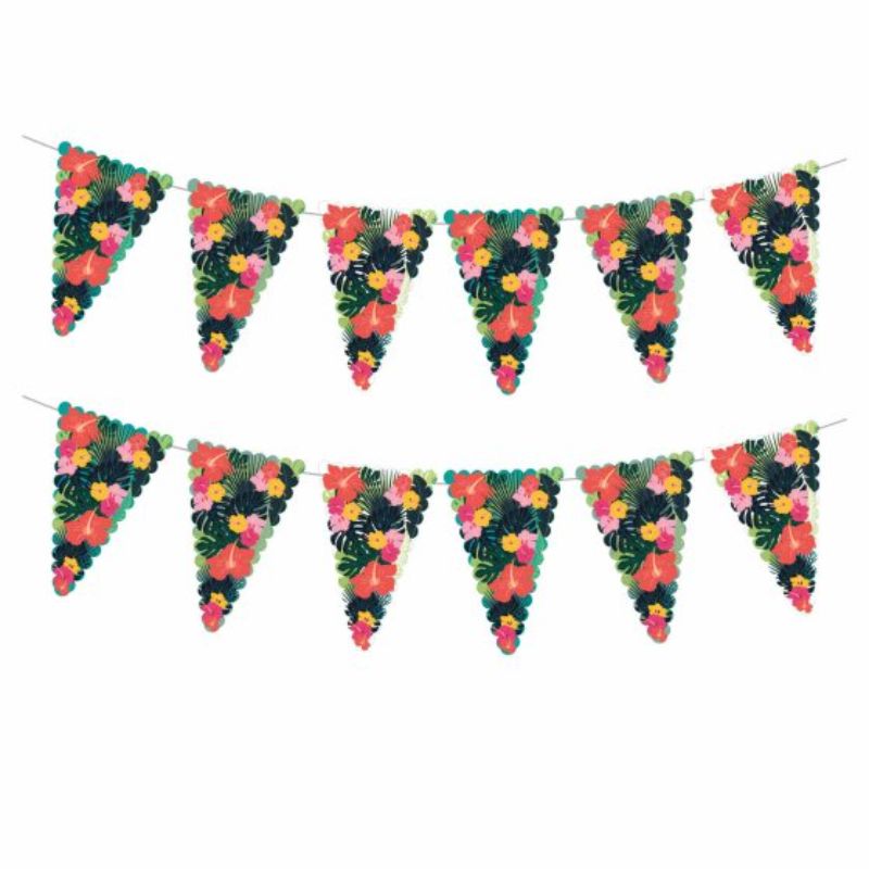 Colorful flamingo and floral bunting, 6m long, perfect for tropical-themed celebrations and reusable for eco-friendly decor.