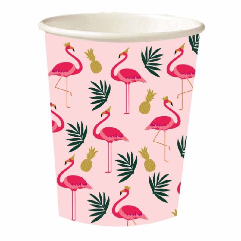 Colorful flamingo paper cups, 250ml, perfect for parties and picnics; pack of 8 eco-friendly, durable, and leak-proof.