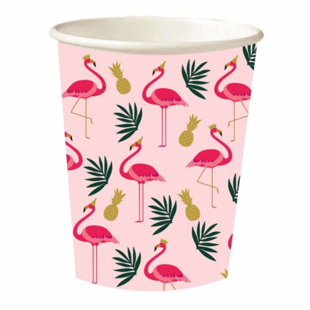 Colorful flamingo paper cups, 250ml, perfect for parties and picnics; pack of 8 eco-friendly, durable, and leak-proof.