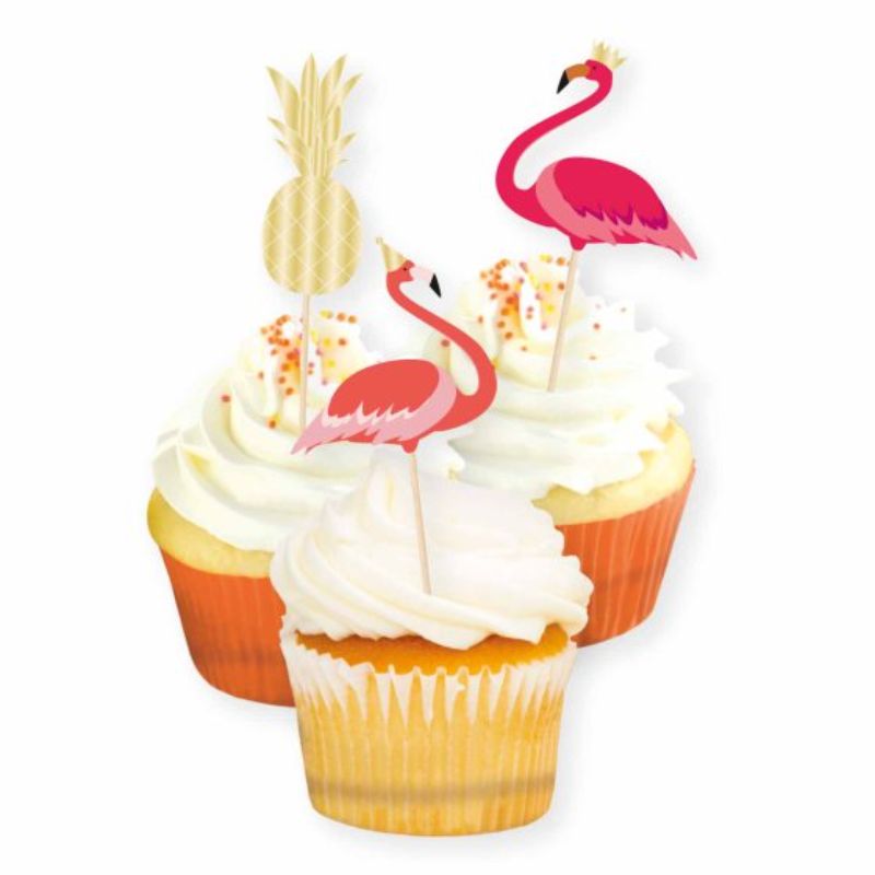 Colorful pack of 12 Flamingo and Pineapple cake picks for vibrant tropical-themed party decorations.