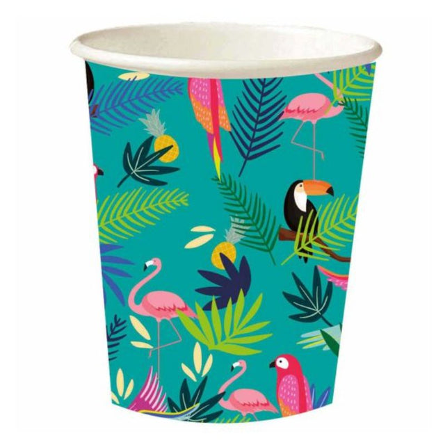 Colorful biodegradable paper cups for tropical parties, holding 250ml, pack of 8 for stylish and eco-friendly celebrations.