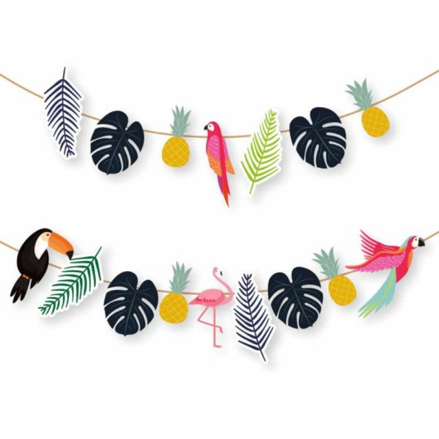 Vibrant 2.4m hanging string garlands featuring tropical designs, perfect for festive celebrations and versatile decor.