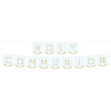 Botanical Celebration Blue pennant banner for Holy Communion, features vibrant floral design, measures 2.5m, made of sturdy cardboard.