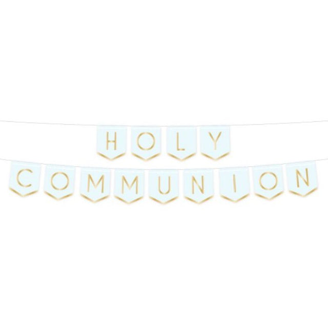 Botanical Celebration Blue pennant banner for Holy Communion, features vibrant floral design, measures 2.5m, made of sturdy cardboard.