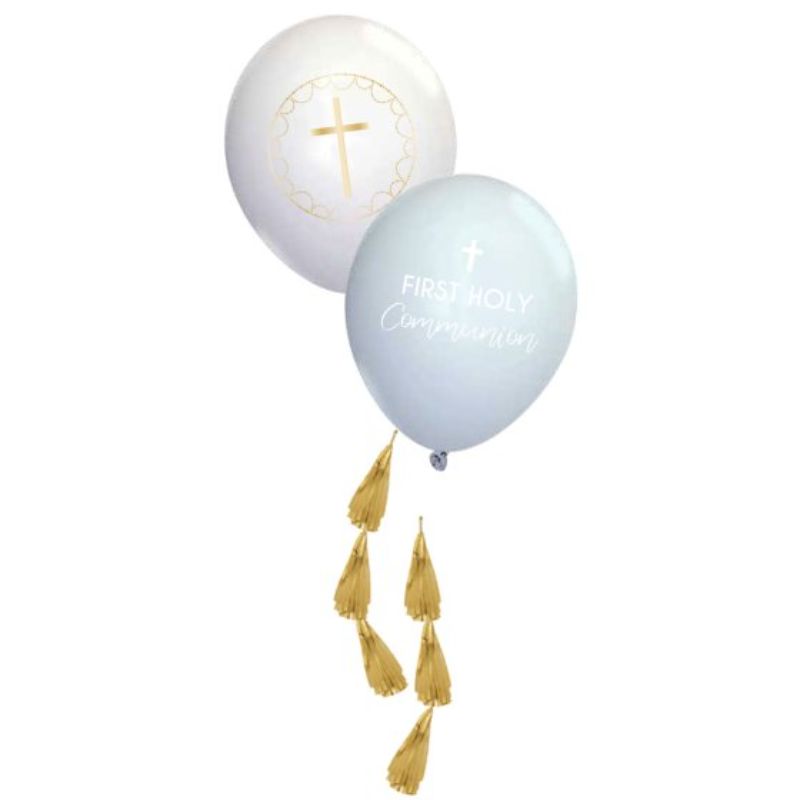 Pack of 4 blue latex balloons with botanical designs, perfect for weddings and celebrations, measuring 27cm each.