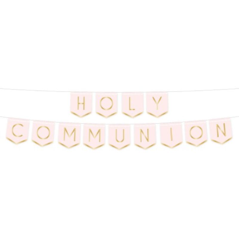 Botanical pink pennant banner, 2.5m long, featuring delicate floral designs for elegant Holy Communion celebrations.