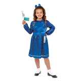 Costume for girls aged 3-4 featuring a dress, headband, newt, library card, and bookmark, made from eco-friendly materials.