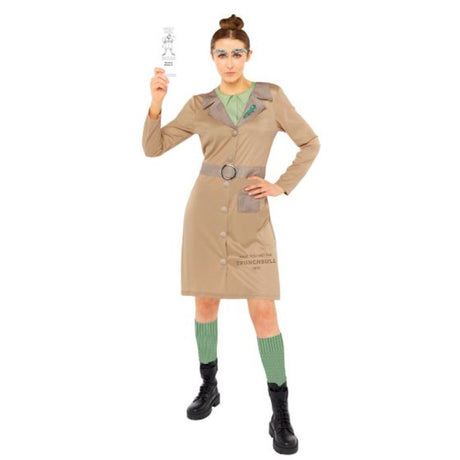 Women's Miss Trunchbull costume in grey dress, includes belt, socks, and eyebrows for Halloween or themed events.