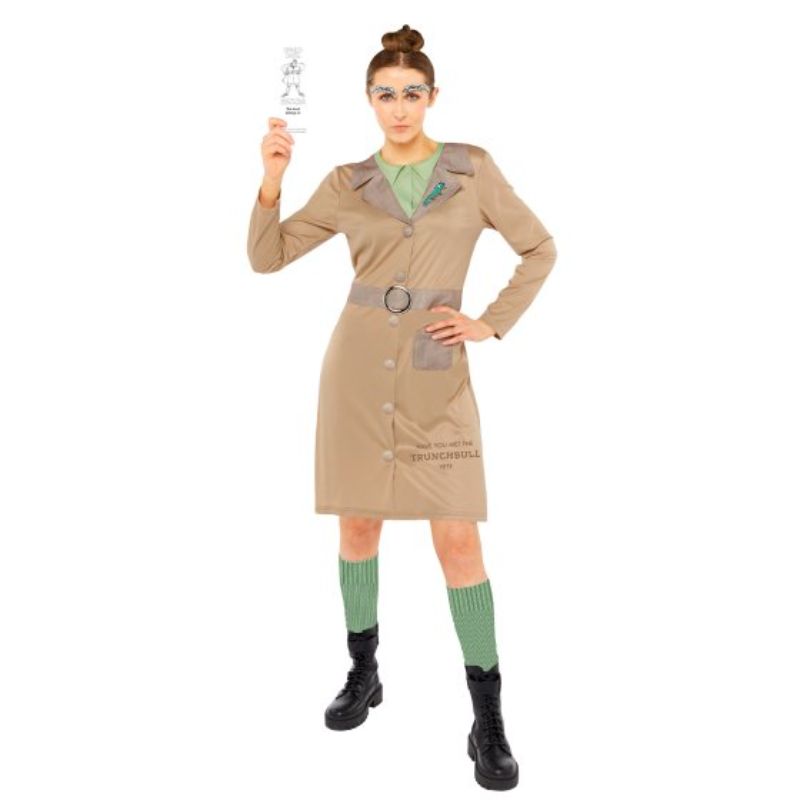 Costume Miss Trunchbull for women size 18-20, featuring a tailored dress, socks, eyebrows, and a bookmark for themed events.