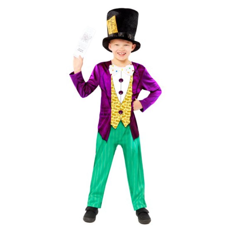 Willy Wonka costume for boys aged 3-4, featuring a colorful jumpsuit, charming hat, and a delightful bookmark, sustainably made.