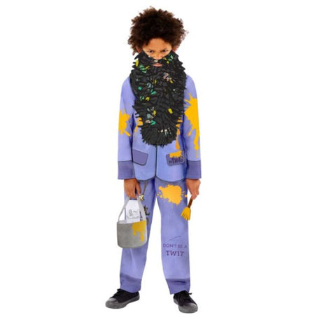 Mr. Twit costume set for boys aged 4-6, includes top, trousers, felt beard, brush, bag, and bookmark for imaginative play.