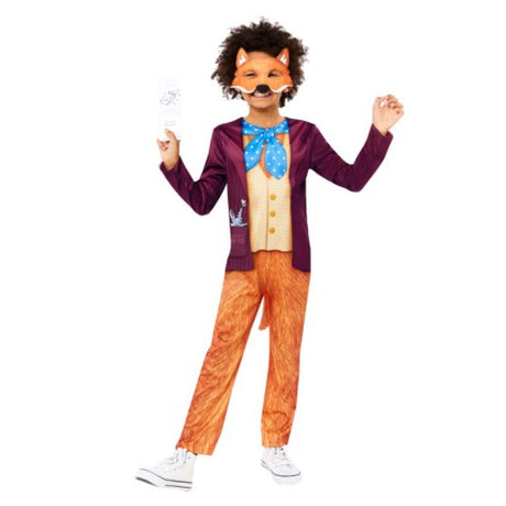 Mr Fox costume for boys aged 3-4, featuring a jumpsuit with a tail, eye mask, and bookmark for imaginative play.