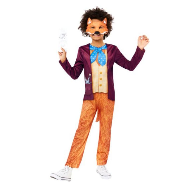 Mr Fox costume for boys aged 3-4, featuring a jumpsuit with a tail, eye mask, and bookmark for imaginative play.